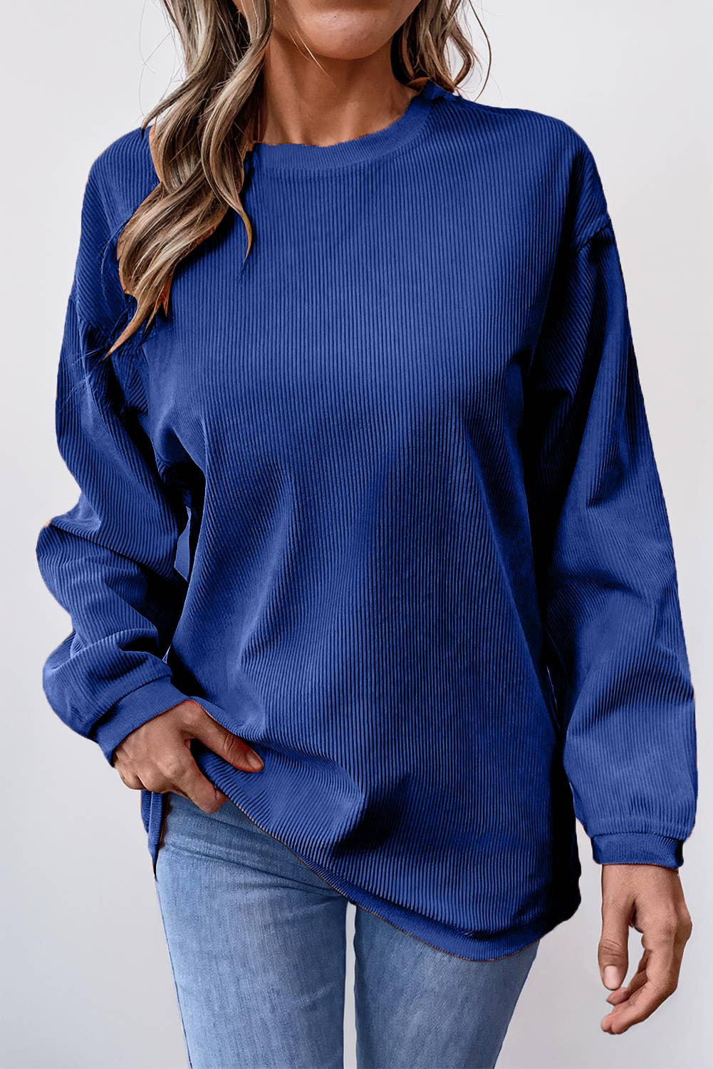 Women Solid Ribbed Crewneck Loose Fit Sweatshirt | S-XL