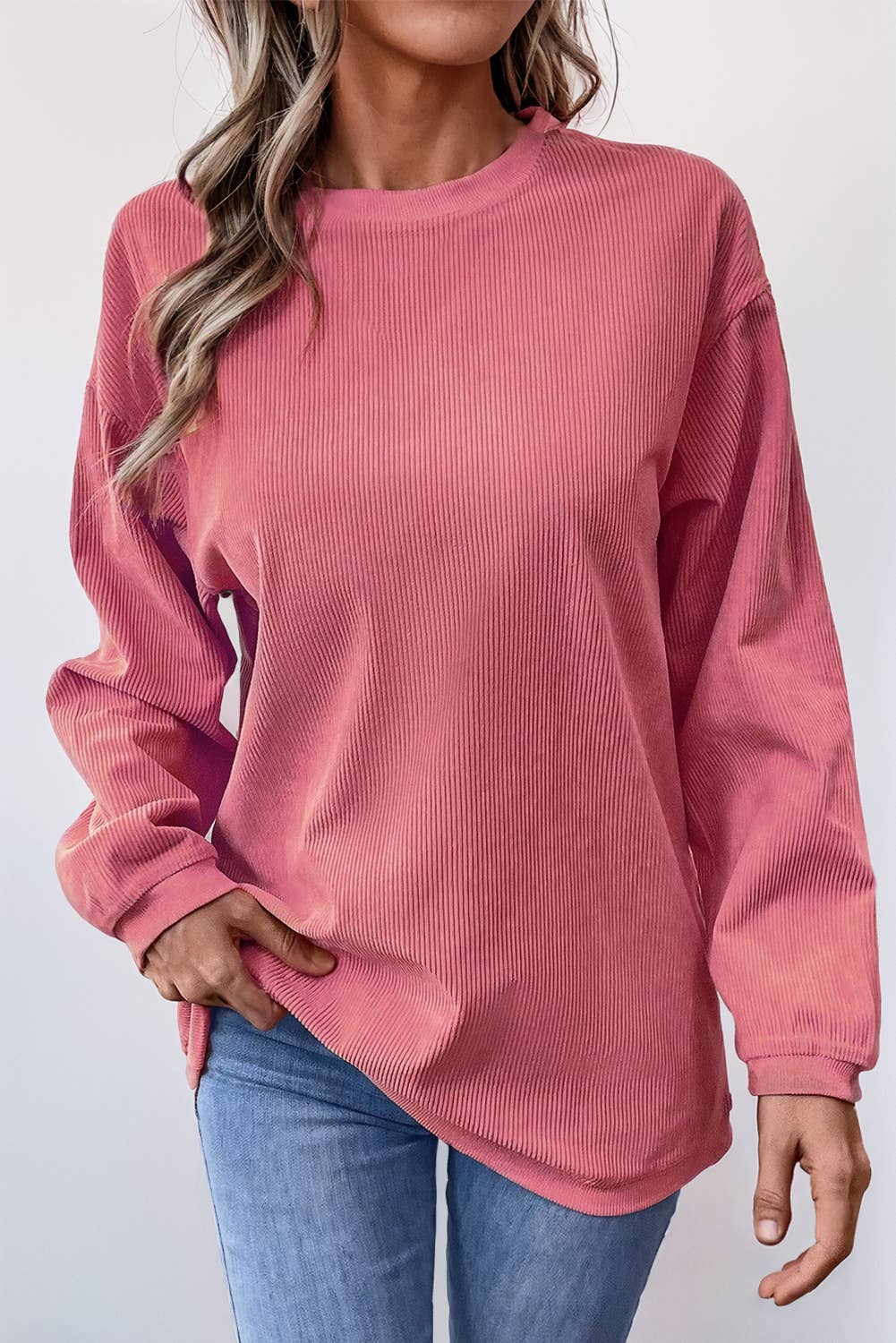 Women Solid Ribbed Crewneck Loose Fit Sweatshirt | S-XL