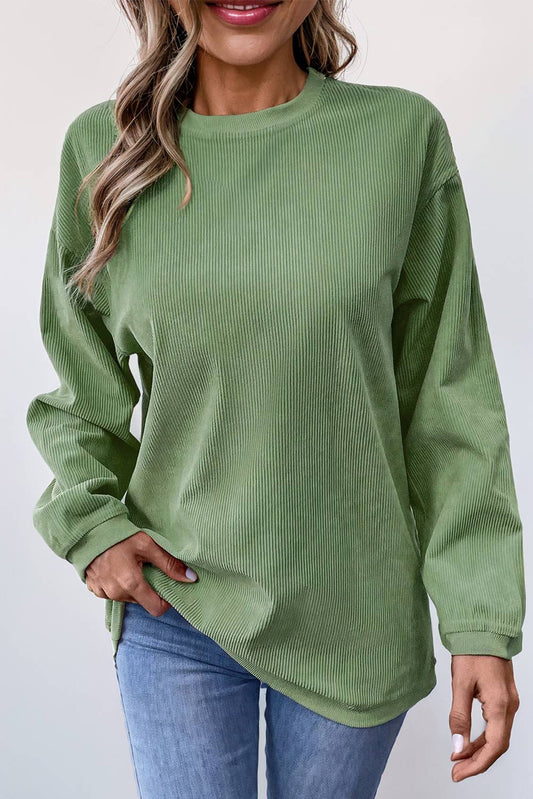 Women Solid Ribbed Crewneck Loose Fit Sweatshirt | S-XL