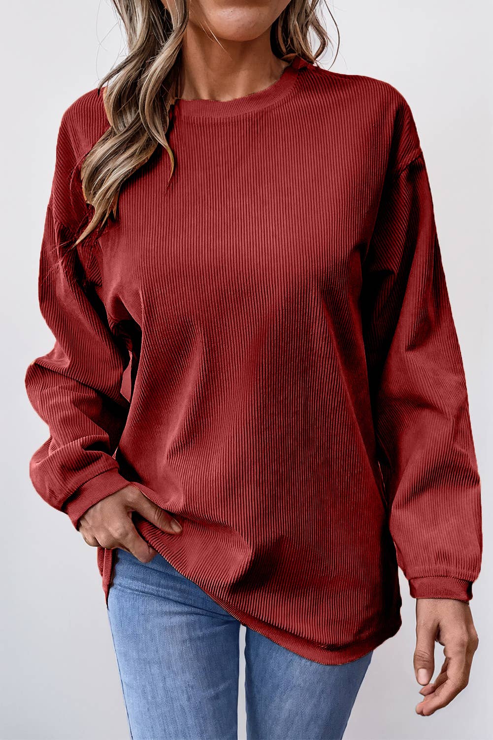 Women Solid Ribbed Crewneck Loose Fit Sweatshirt | S-XL