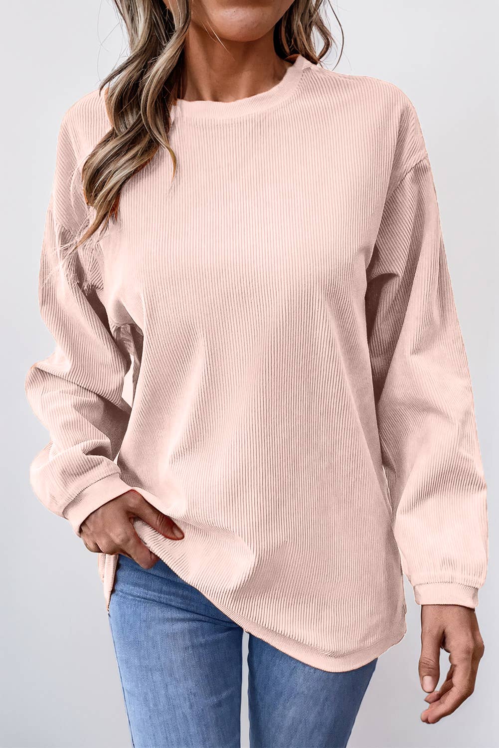 Women Solid Ribbed Crewneck Loose Fit Sweatshirt | S-XL