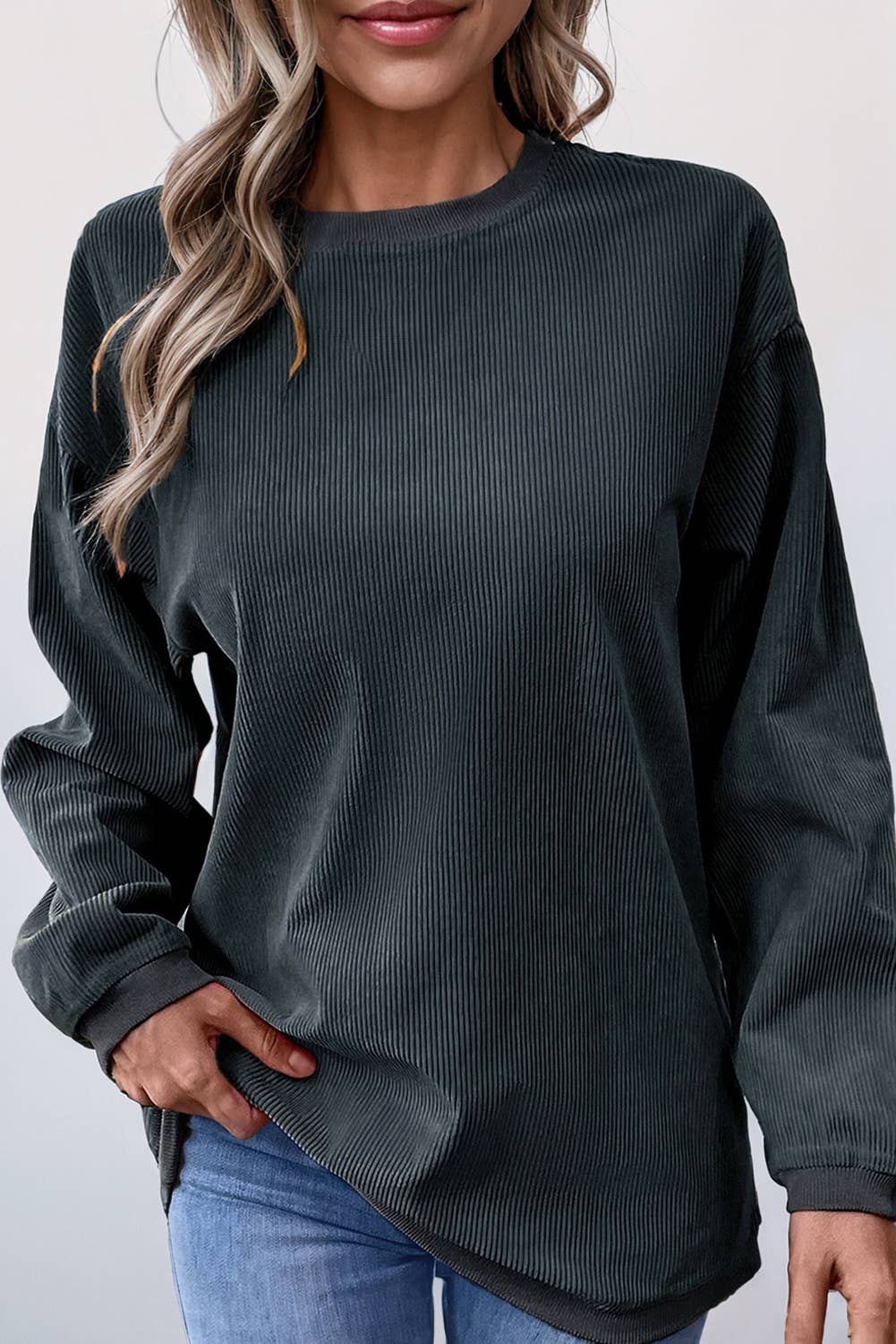 Women Solid Ribbed Crewneck Loose Fit Sweatshirt | S-XL