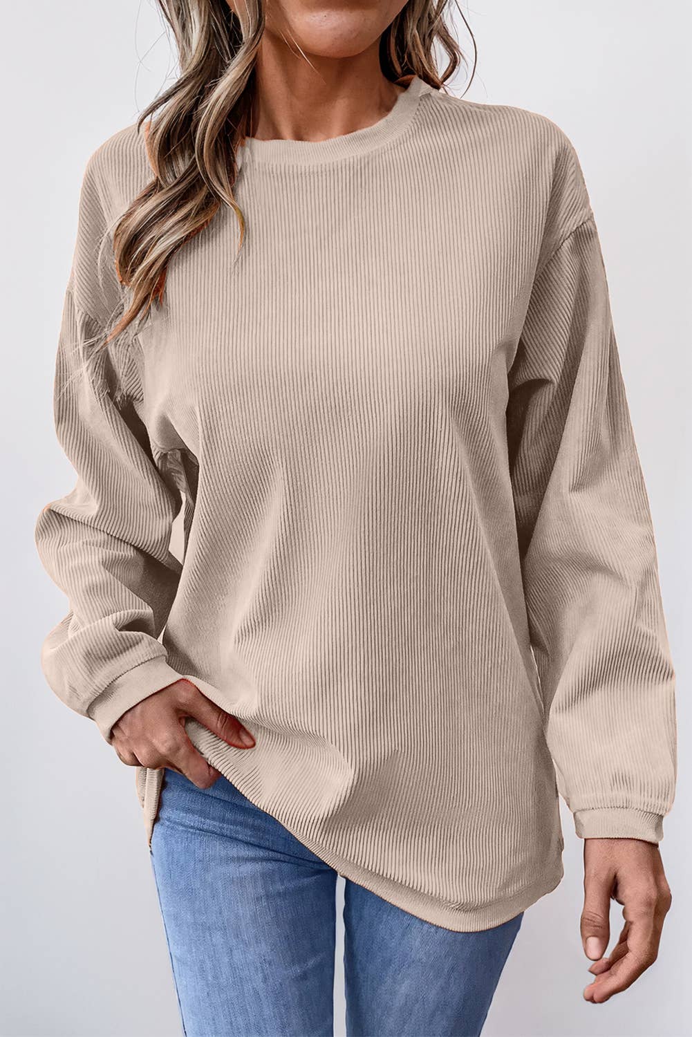 Women Solid Ribbed Crewneck Loose Fit Sweatshirt | S-XL