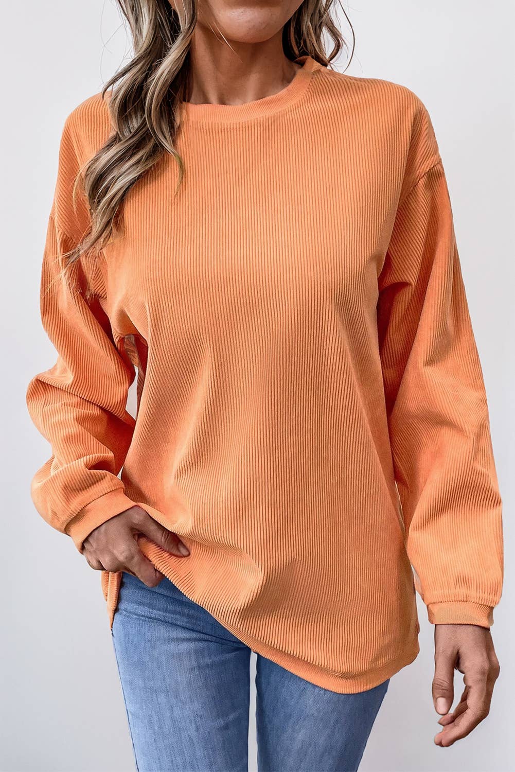 Women Solid Ribbed Crewneck Loose Fit Sweatshirt | S-XL